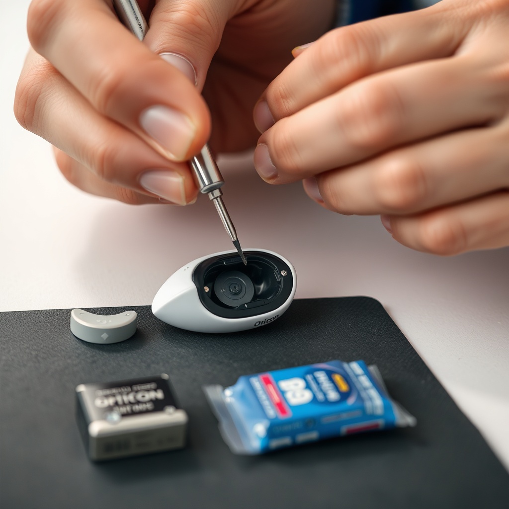 Photorealistic close-up of a hearing aid specialist using a small tool to open the battery