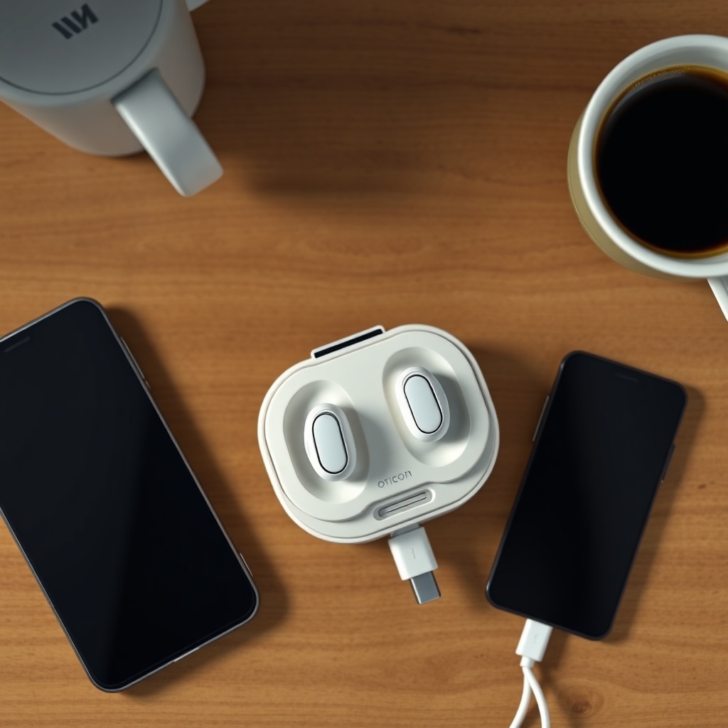 Photorealistic top-down view of Oticon Real 1 MiniRITE hearing aids placed in their smart