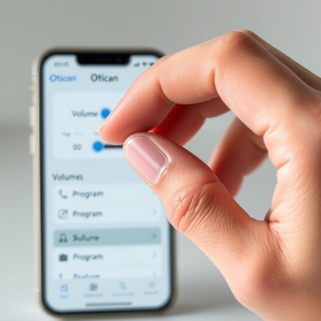 A clean photorealistic photo of a hand gently pressing the small tactile button on an Otic