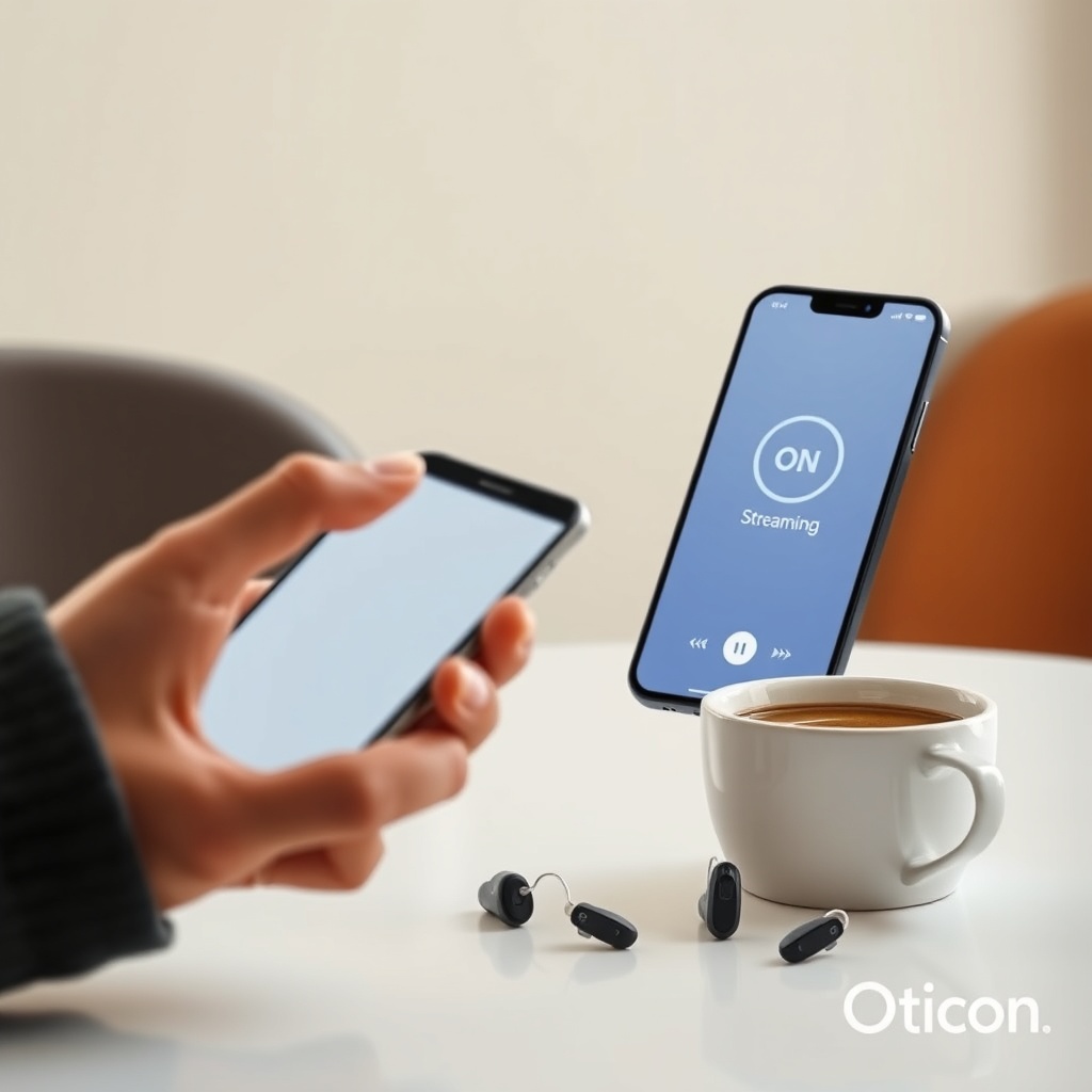 A photorealistic illustration of a hand holding a smartphone with the Oticon ON app open