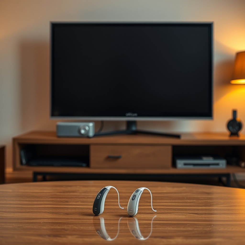 A photorealistic scene of a living room with a modern TV on a wooden stand