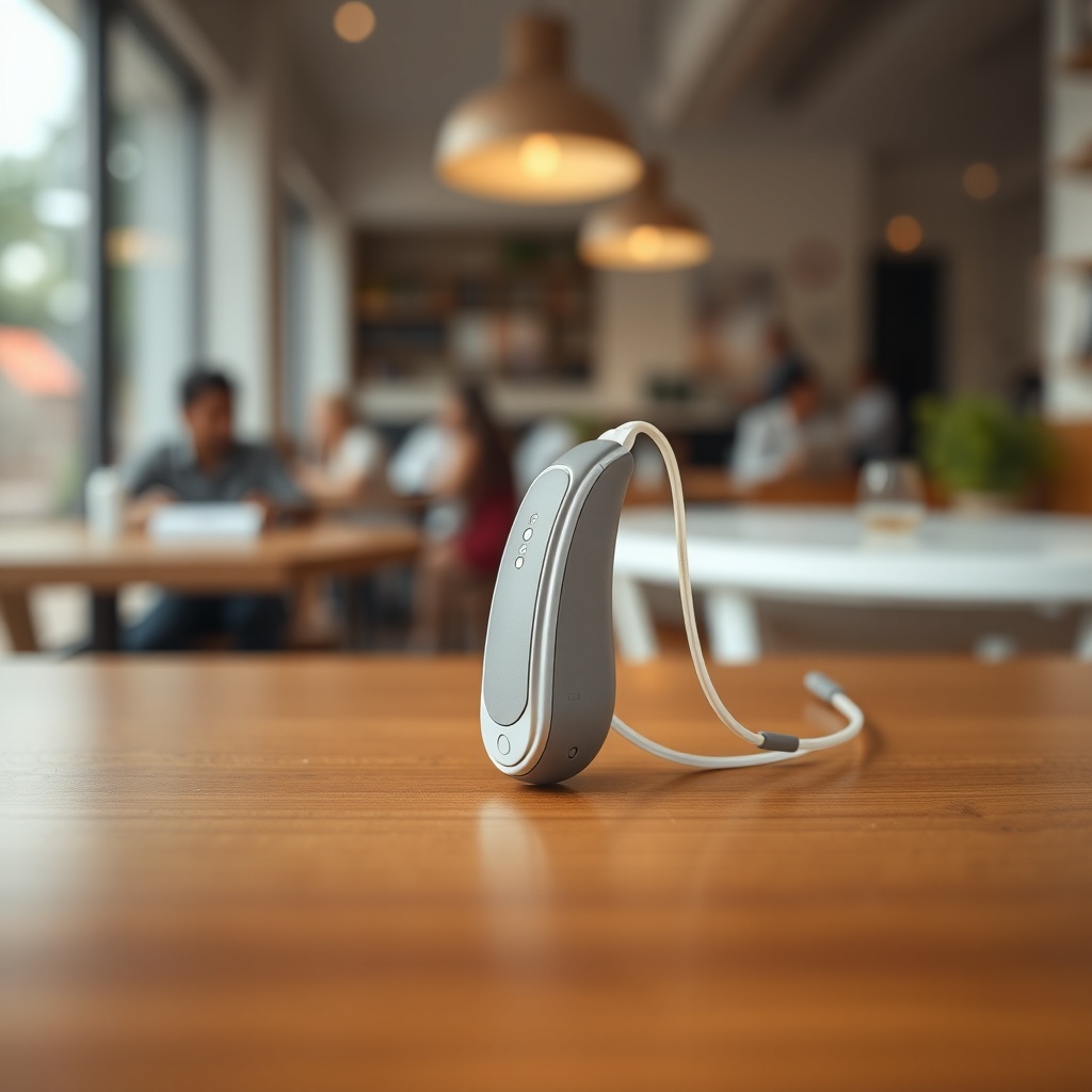 A close-up photorealistic photo of an Oticon Real 1 MiniRITE hearing aid on a wooden table