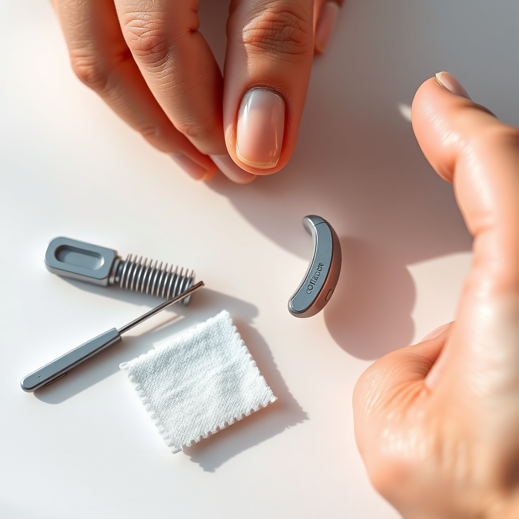 A photorealistic close-up of a person's hand holding a clean Oticon Real 1 MiniRITE hearin