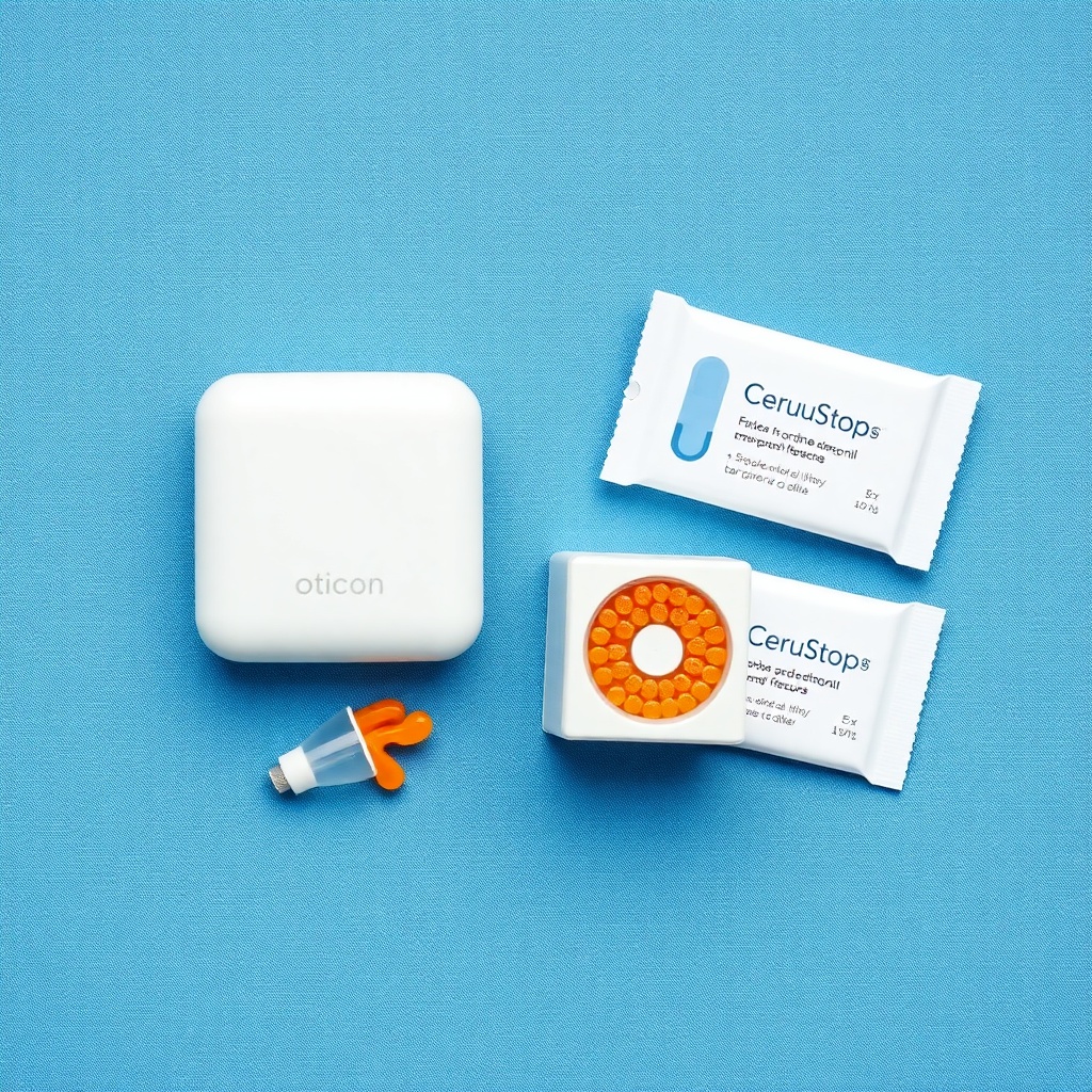 A clean flat lay illustration showing a white Oticon Real 1 MiniRITE on a blue fabric