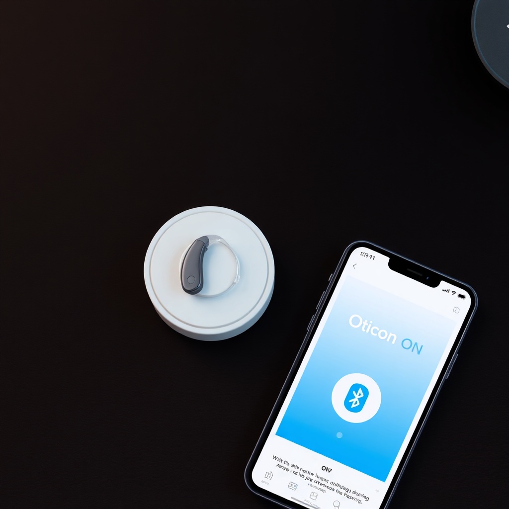 Photorealistic overhead shot of an Oticon Real 1 MiniRITE hearing aid placed on a wireless