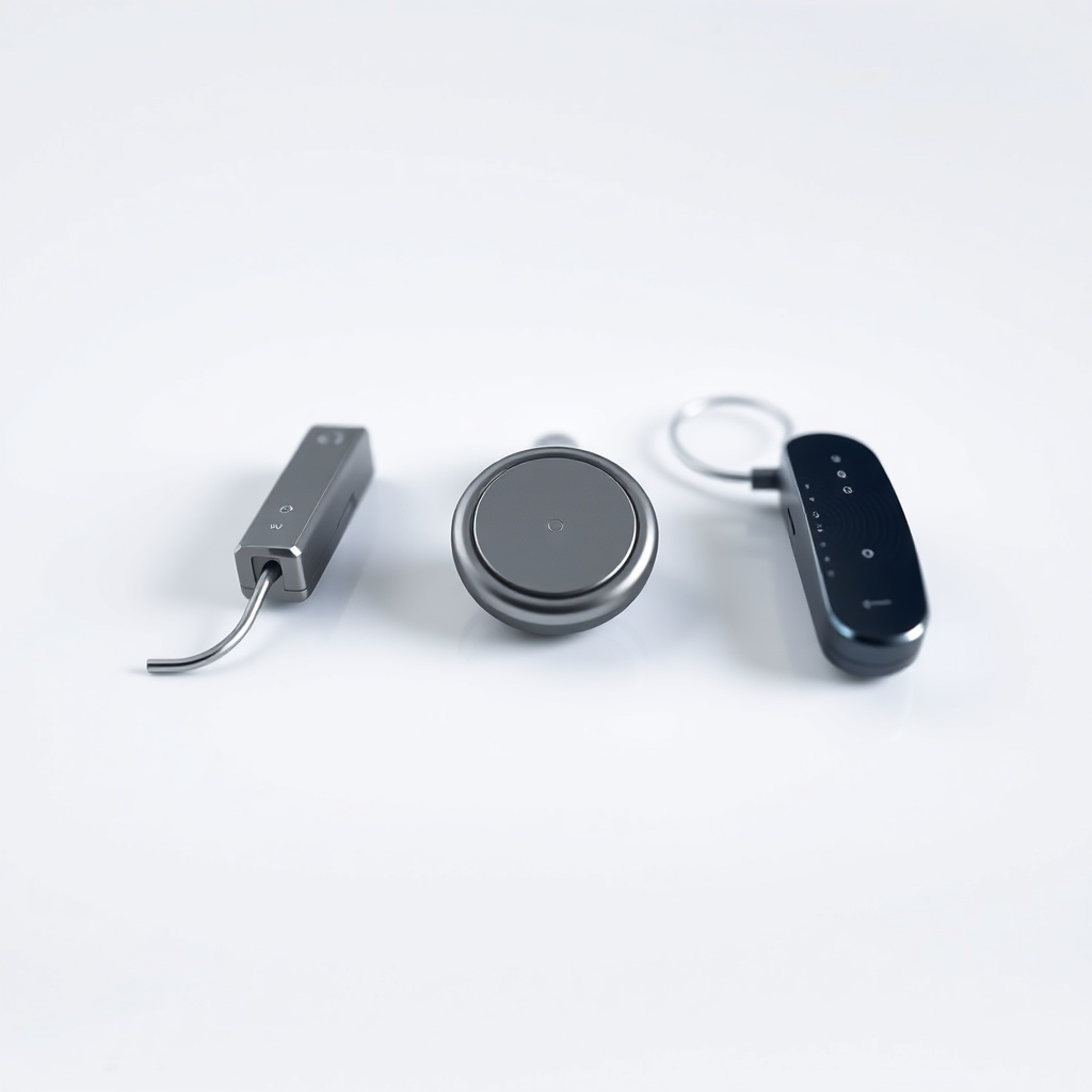 A clean photorealistic photo of three modern hearing aids lying side by side on a white ta