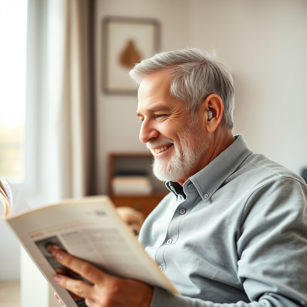 A photorealistic photo of a grey-haired man in his 60s wearing a hearing aid behind his ri