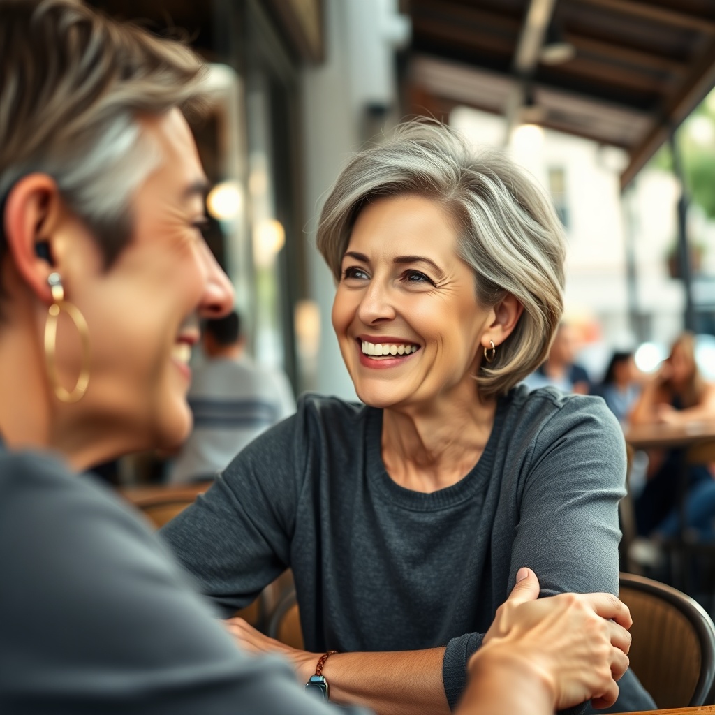 A close-up of a smiling middle-aged woman sitting at a cafe table