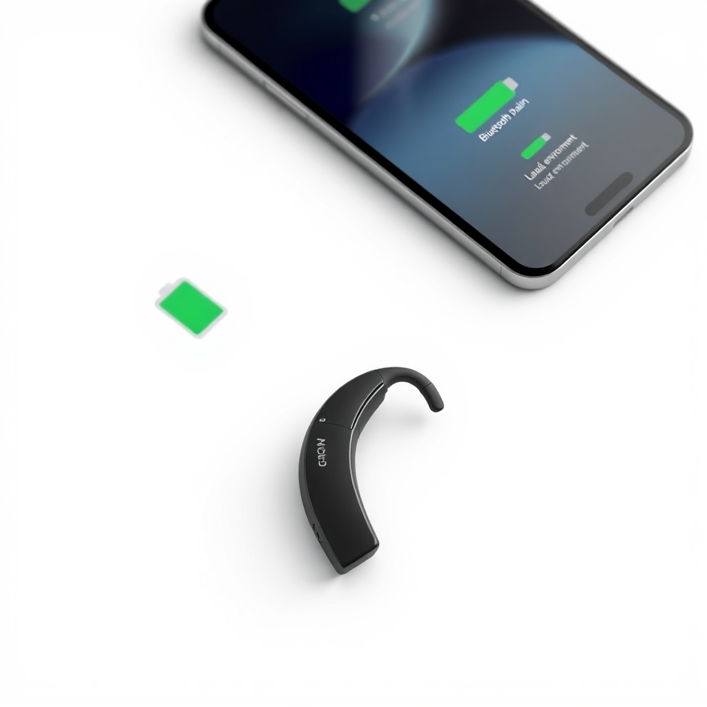 A photorealistic illustration of a Phonak Audéo Lumity L90 lying next to a smartphone show