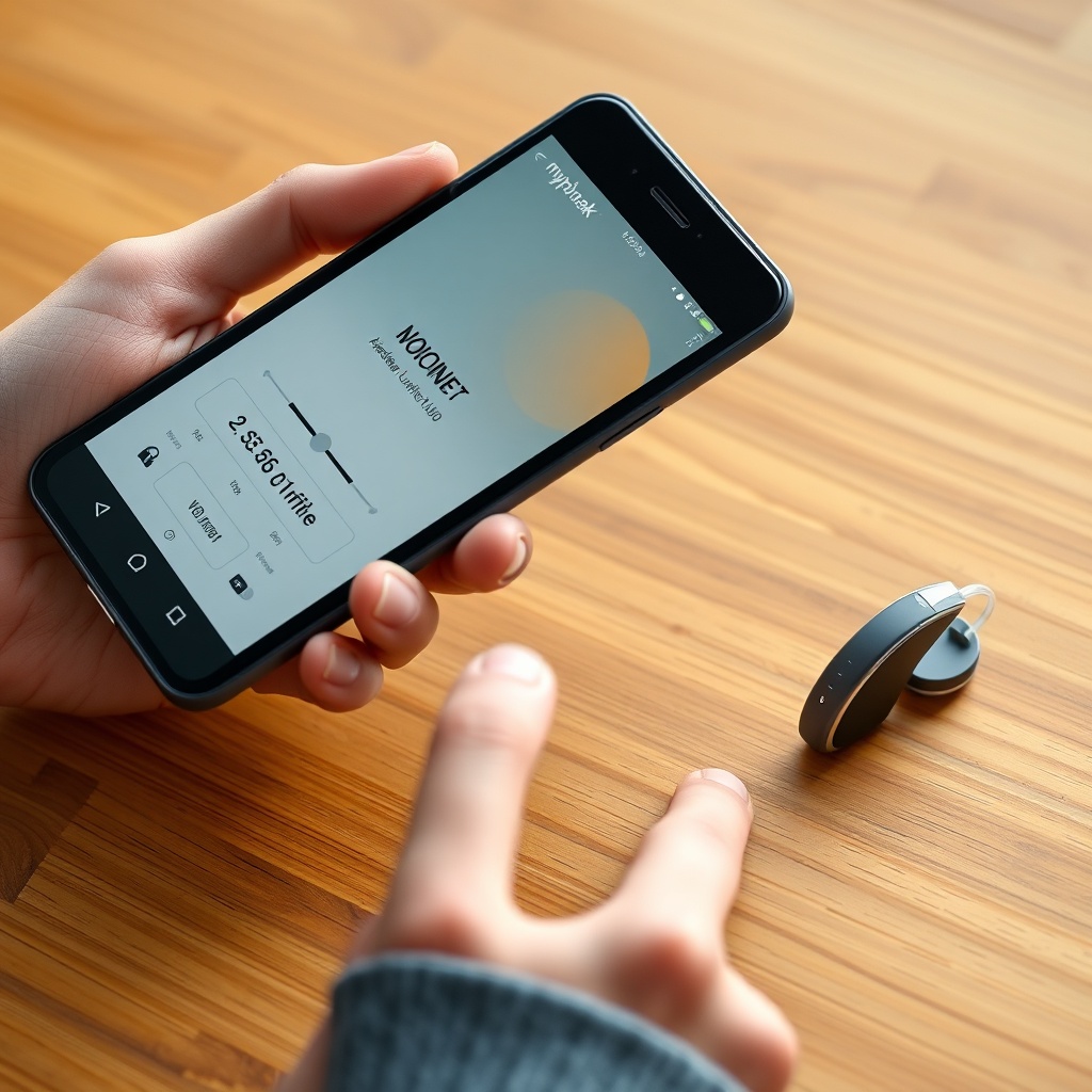 A person holding a smartphone showing the myPhonak app interface with a volume slider and