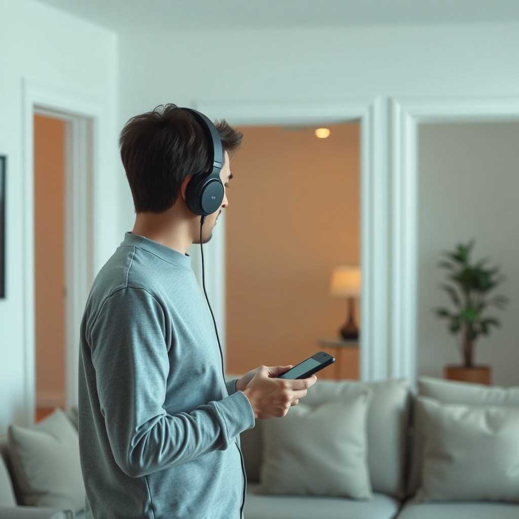Eine Person in einem modernen Wohnzimmer steht etwa 10 Meter von einem Smartphone entfernt