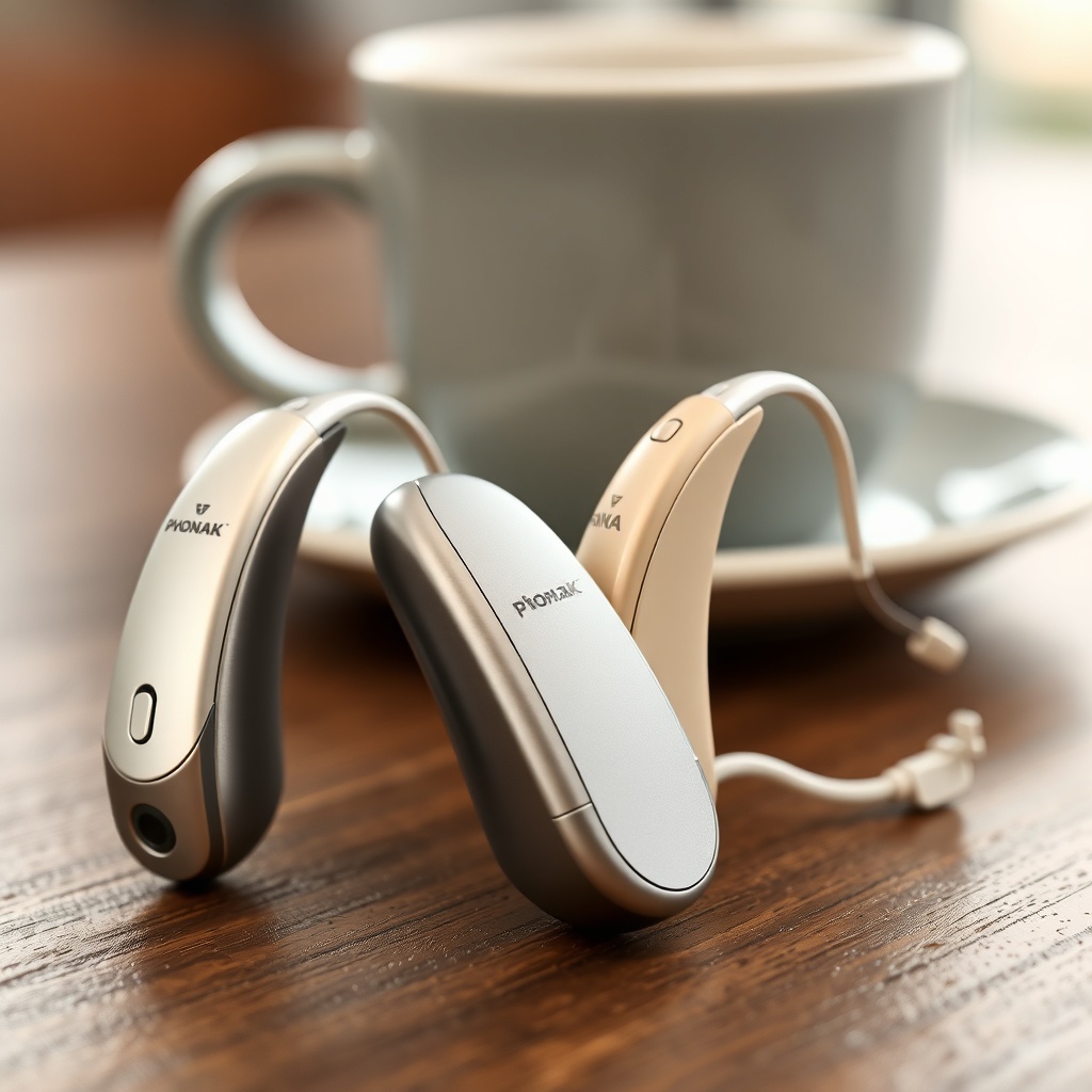 Close-up of two hearing aids on a wooden table