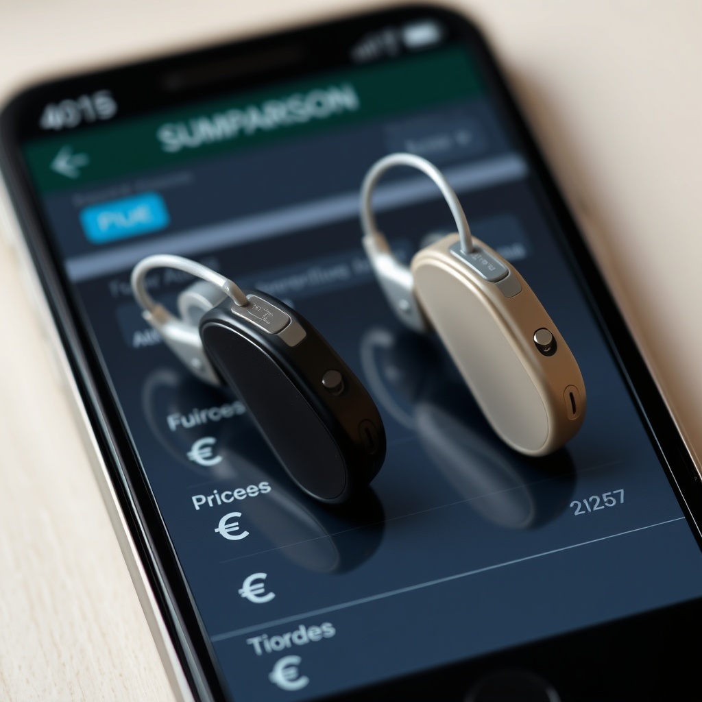 Macro shot of two hearing aids lying side by side on a smartphone screen showing a price c