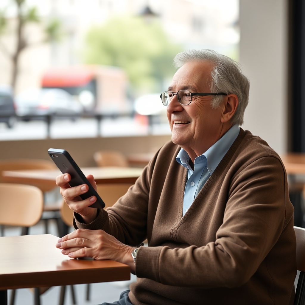 A person in their 60s sitting at a café table