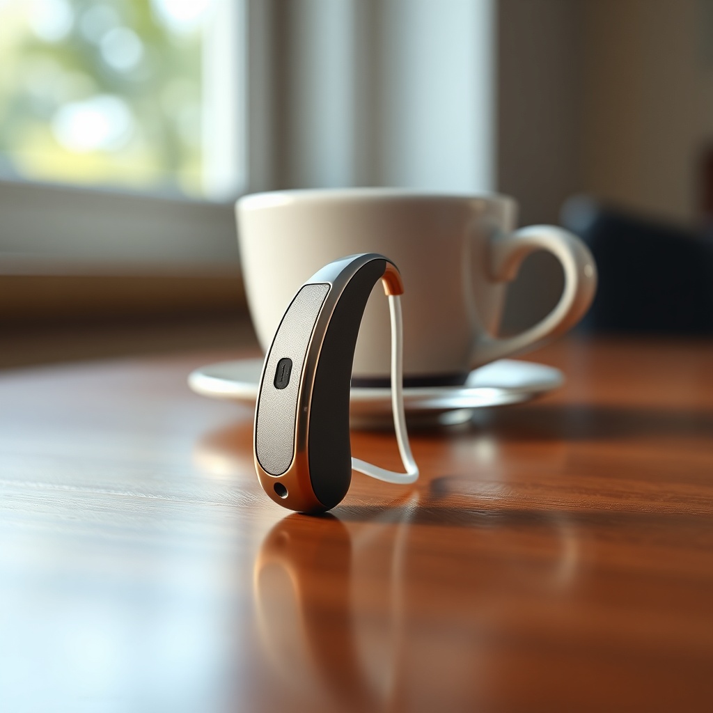 A photorealistic close-up of a Phonak Audéo Lumity L90 hearing aid sitting on a polished w