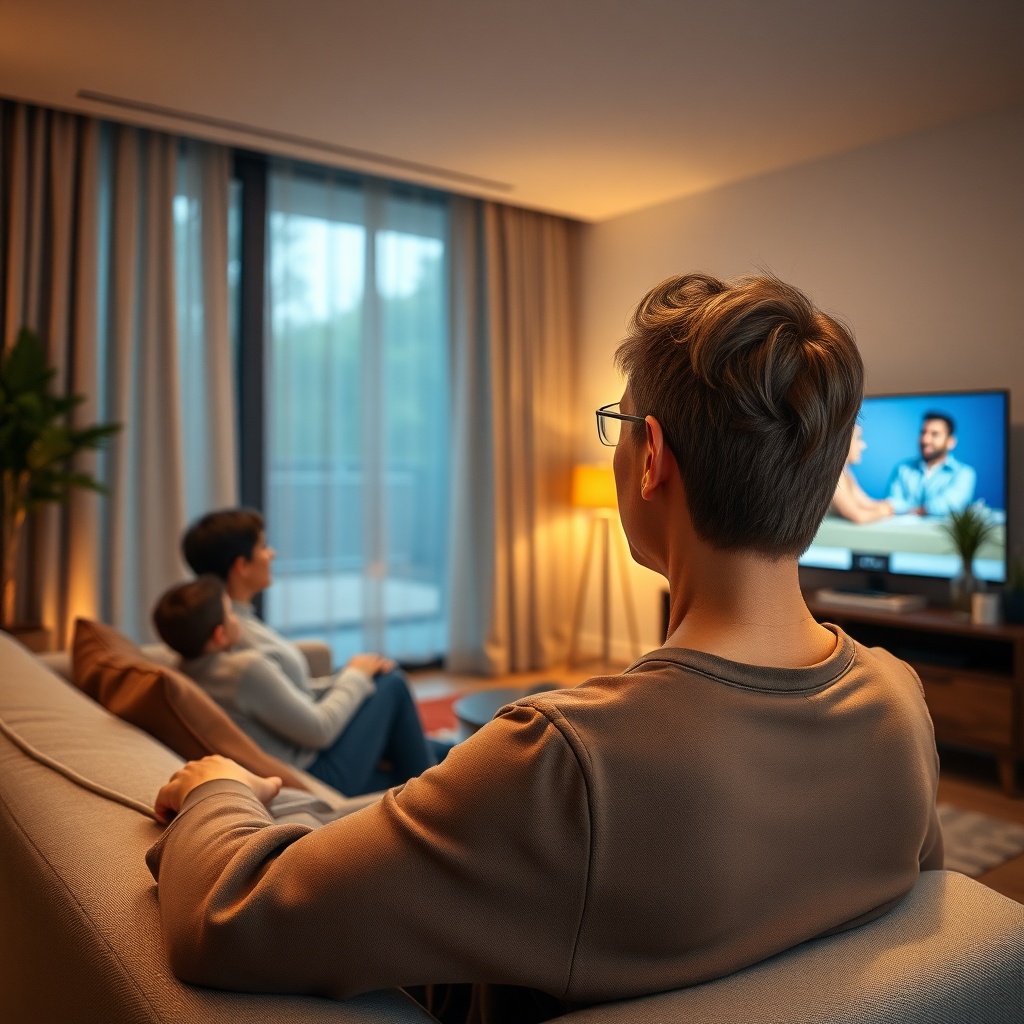 A photorealistic wide-angle shot of a modern living room