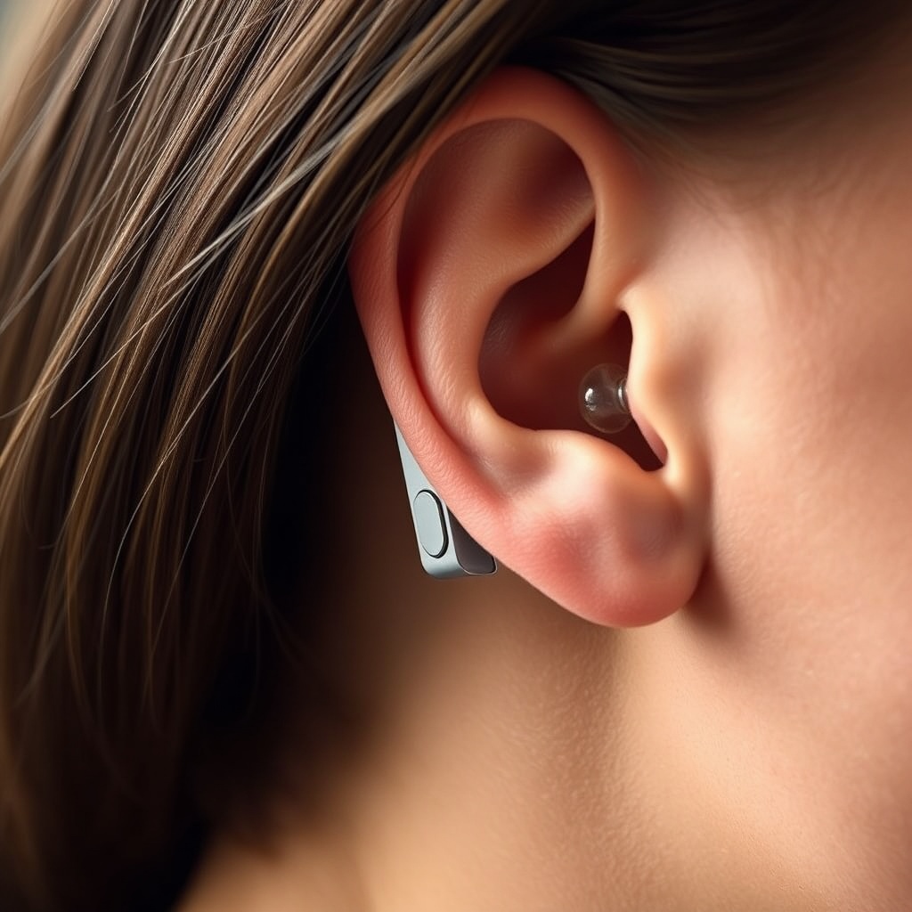 A photorealistic close-up of a Phonak Audéo Lumity L90 sitting comfortably behind a person
