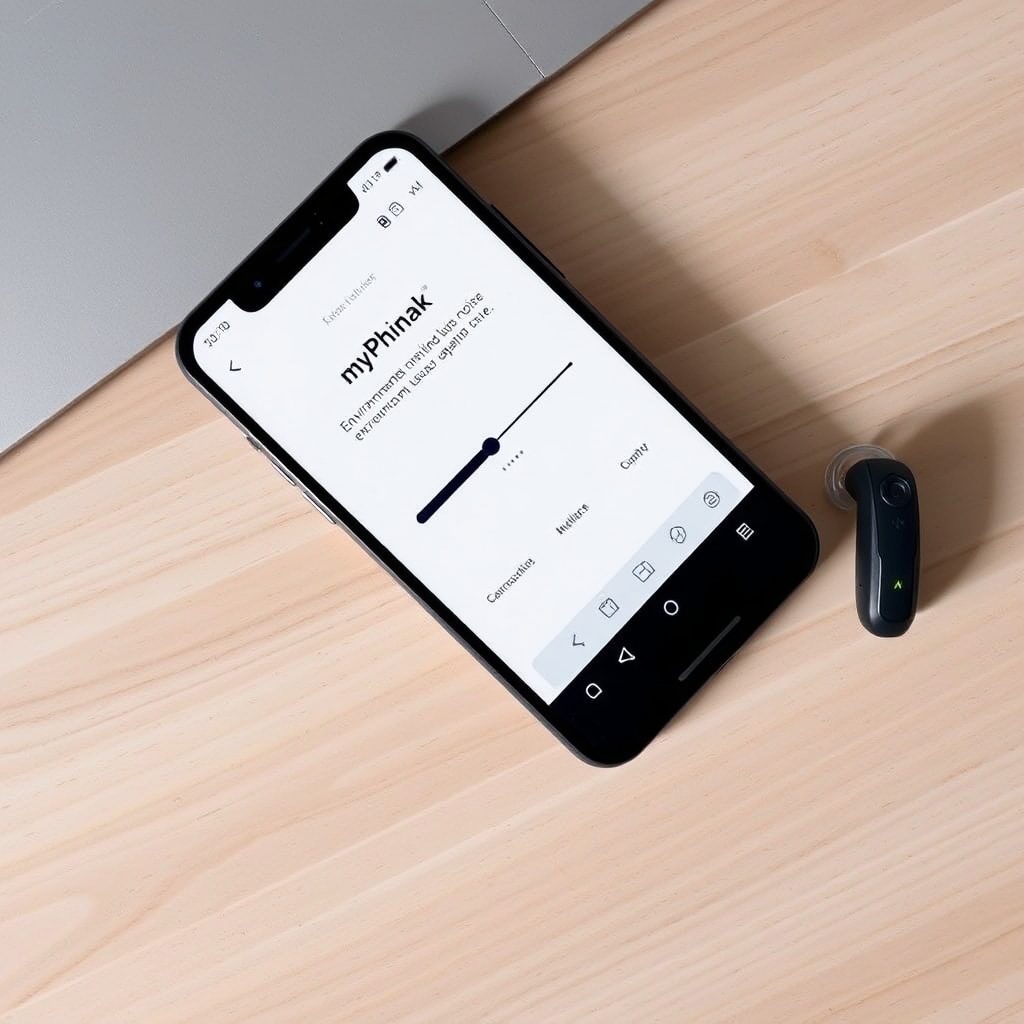 A photorealistic top-down view of a smartphone displaying the myPhonak app interface with
