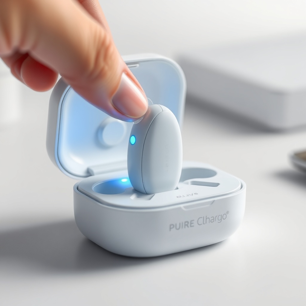 A photorealistic close-up shot of a white Signia Pure Charge&Go 5AX hearing aid being plac