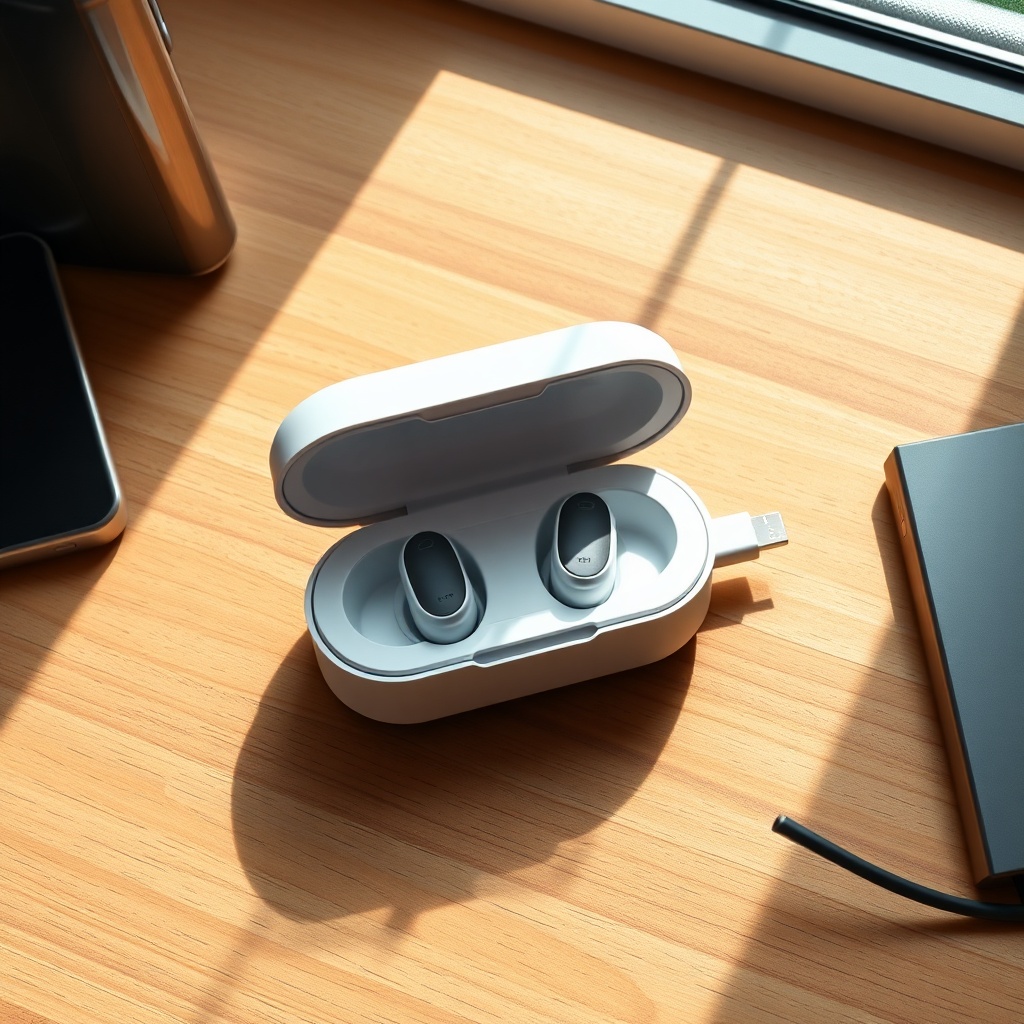 A photorealistic overhead view of a white Signia Pure Charge&Go 5AX charging case with two