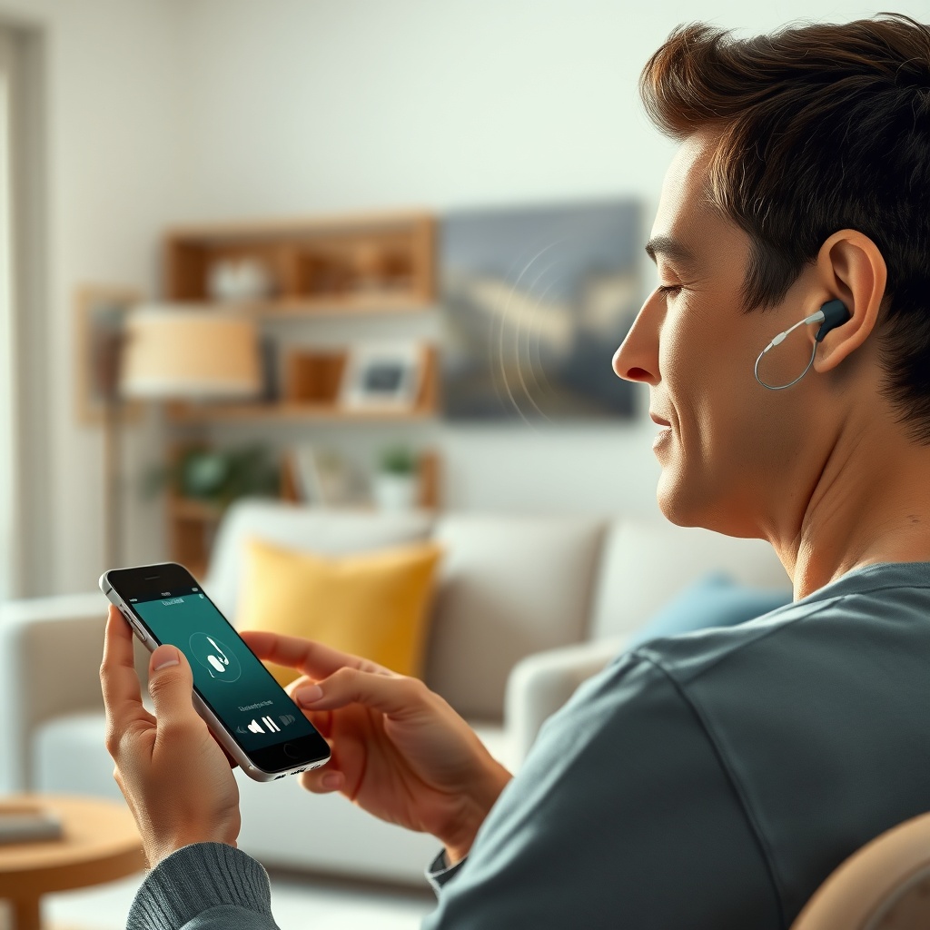 A photorealistic illustration of a person listening to music on a smartphone through Signi