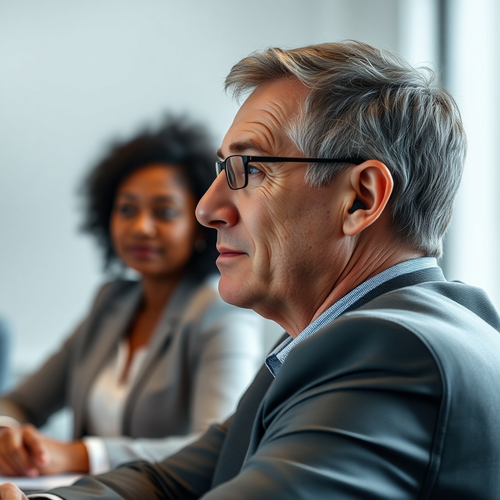 A photorealistic photo of a man in his 50s in a business meeting with colleagues