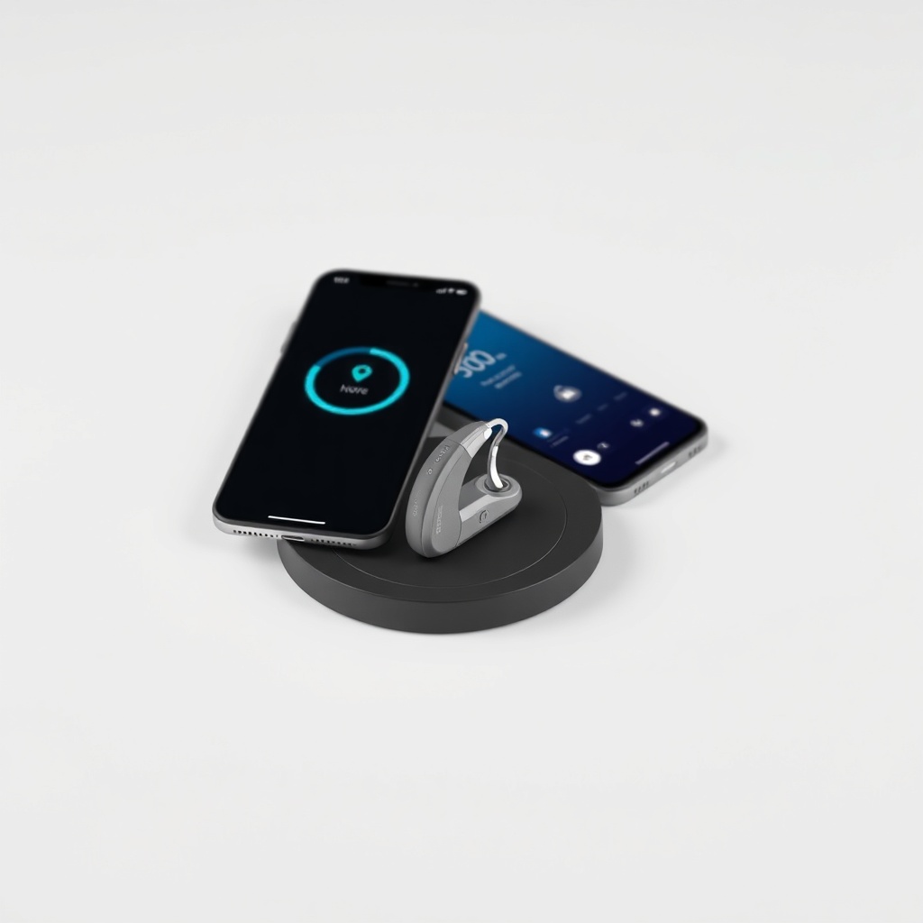 A clean product-style illustration of a Signia Pure Charge&Go 5AX hearing aid placed on a