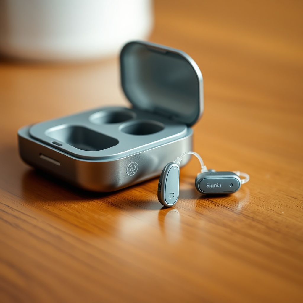 A pair of Signia Pure Charge&Go 5AX hearing aids lying on a wooden desk next to a sleek ch