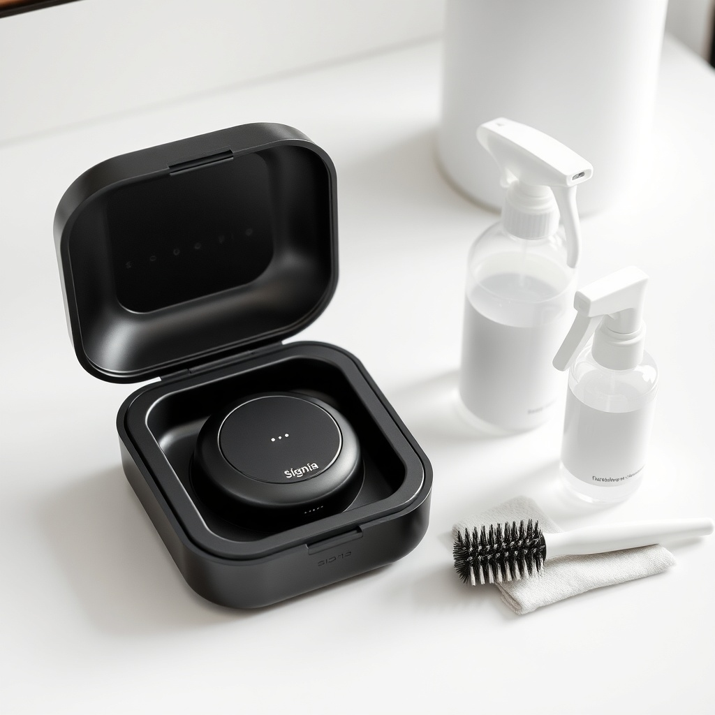 A clean desk scene with a Signia Pure Charge&Go 5AX sitting in its charging case