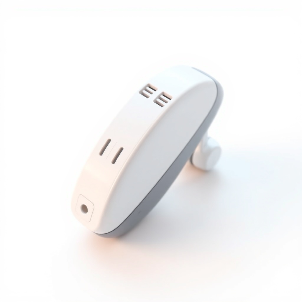 A close-up photorealistic shot of a Signia Pure Charge&Go 5AX hearing aid on a white backg