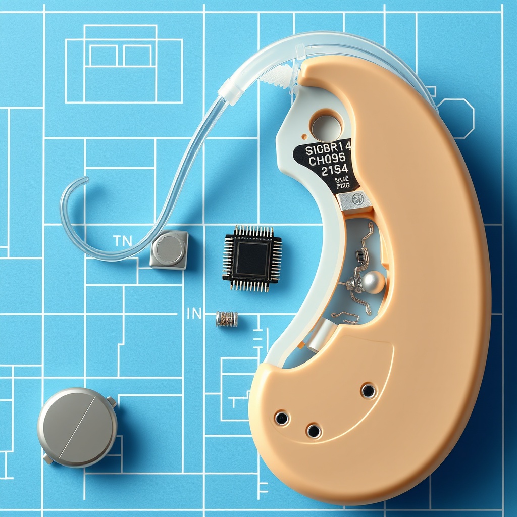 A clean photorealistic illustration showing the internal components of a hearing aid