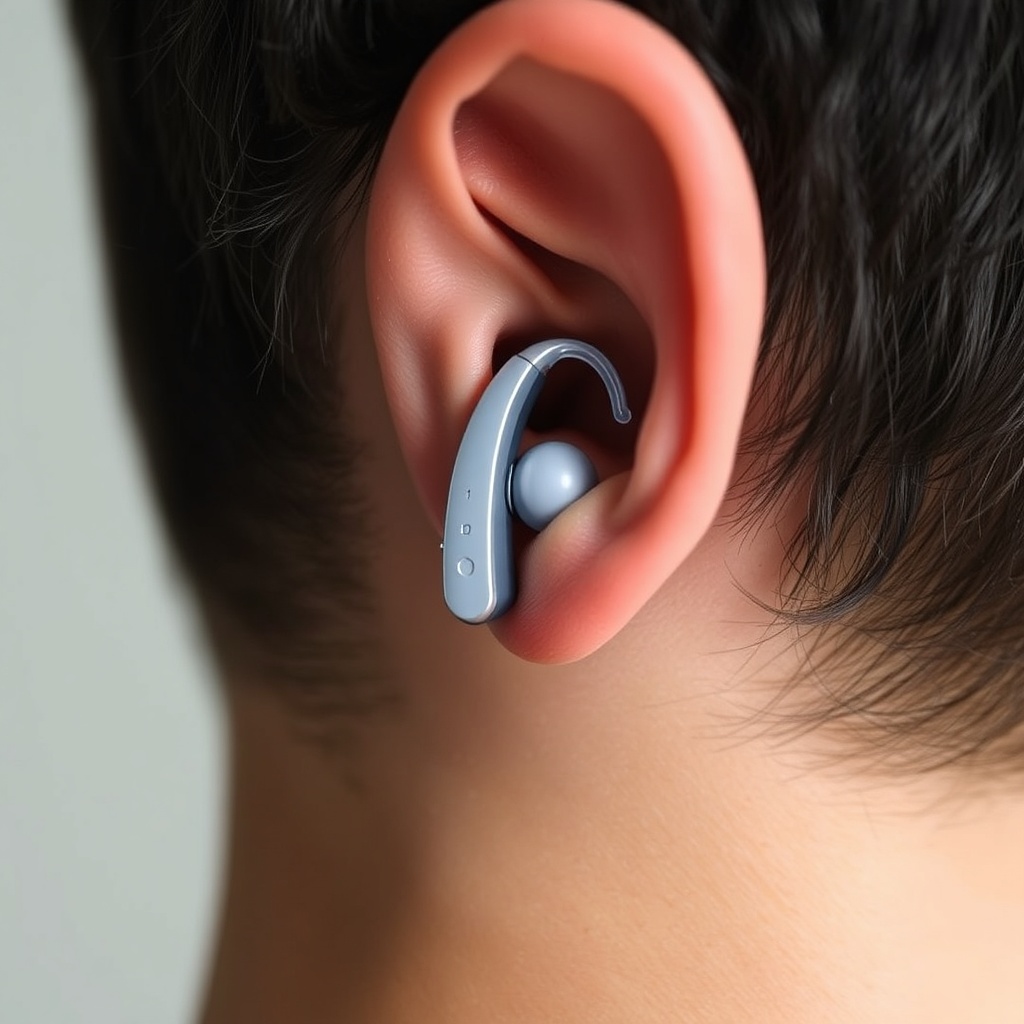 A clean photorealistic photo from the side angle of a person wearing a Signia Pure Charge&