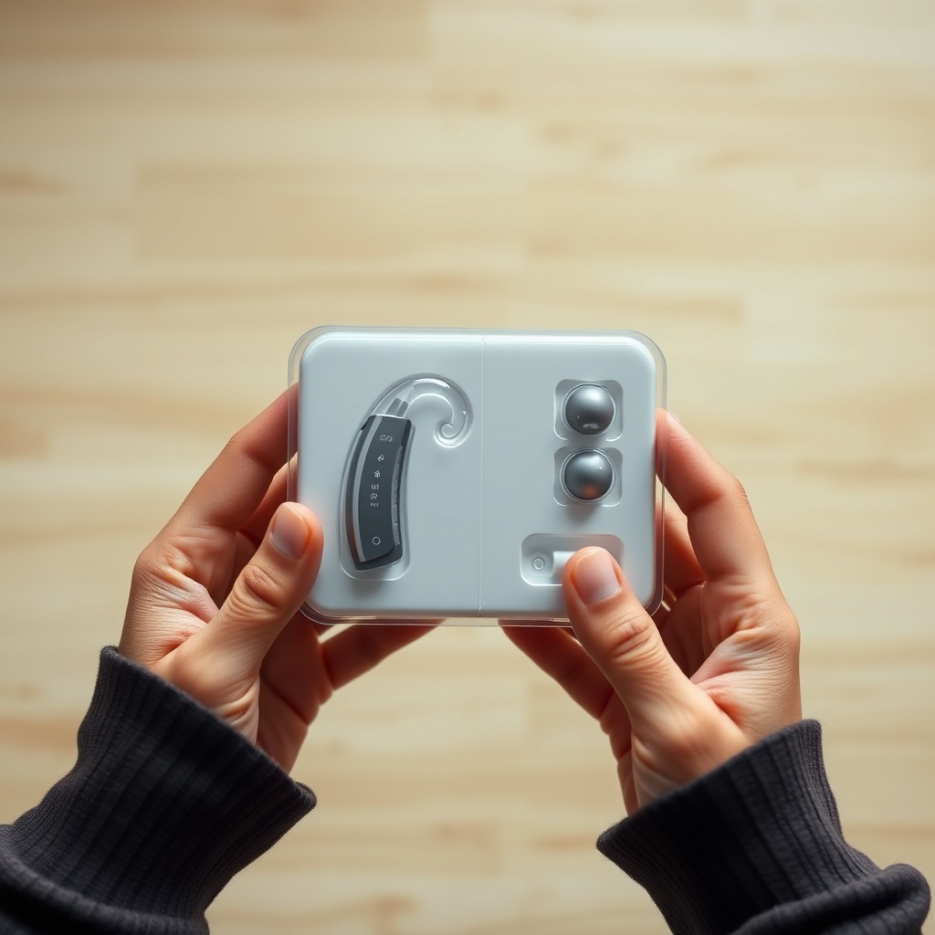 A clean photorealistic top-down shot of a person's hands holding a Signia Pure Charge&Go 5