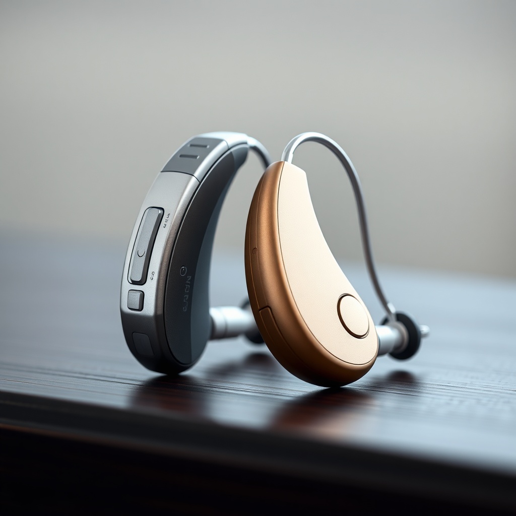 A photorealistic close-up of two premium hearing aids side-by-side on a dark wooden surfac