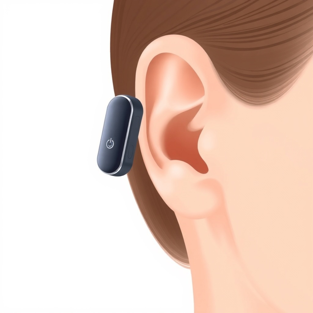 A clean photorealistic illustration of a person's ear with a Signia Pure Charge&Go 5AX com